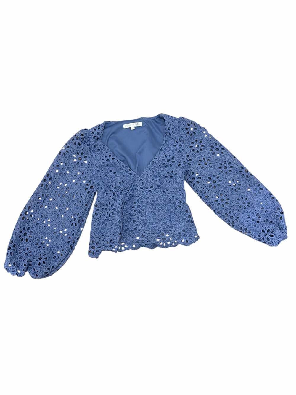 Altar’d State Blue Eyelet Lace Blouse Size Small Puff Sleeve Babydoll Top